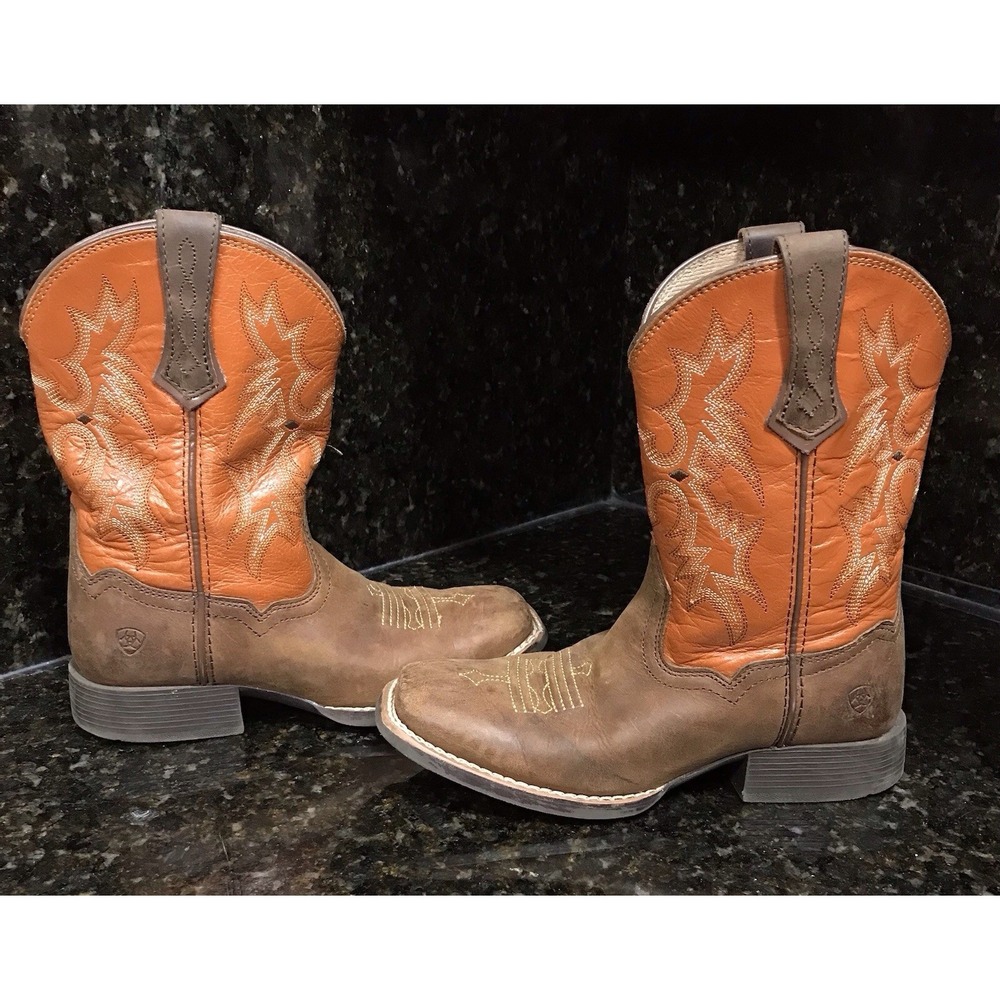 ARIAT Boots Youth US 1.5 Brown Orange Leather Square Toe Cowboy Girl Western